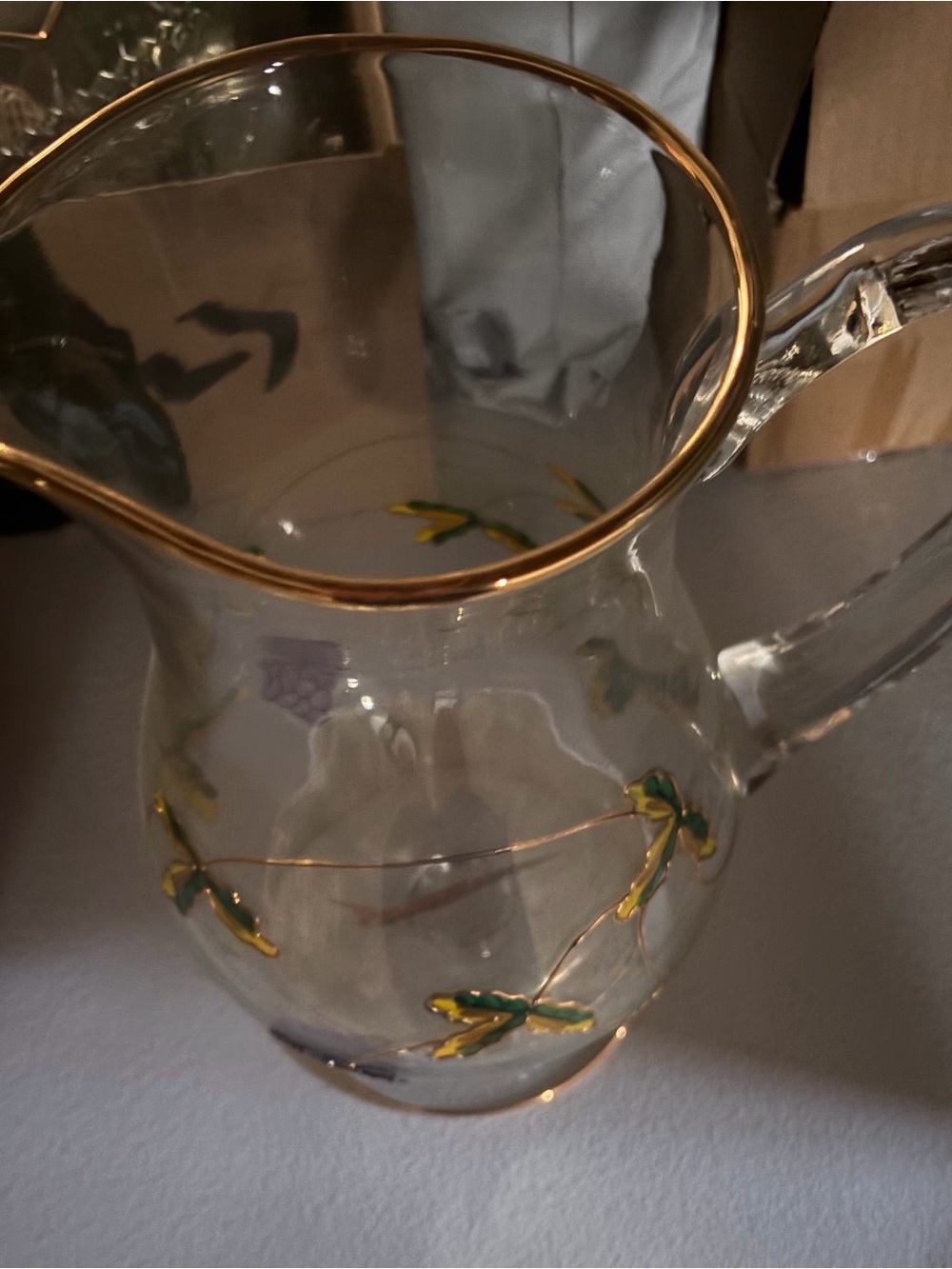 Hand-Painted Glass Pitcher with Gold Trim and Leaf Motif